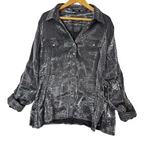 ELEMENTZ Woman‎ Textured Metallic Silver Rhinestone Button Up Shirt Top 3X